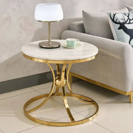 Side Table - Round Marble Top with Gold Hourglass Metal Base Furniture End Tables
