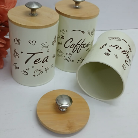 Canister Set - 3-Piece Tea Coffee Sugar Alloy Metal with Bamboo Lid Kitchen & Dining Uncategorized