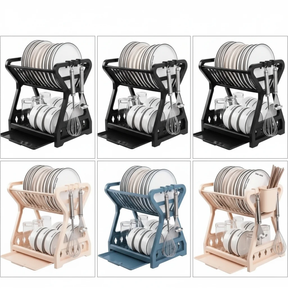 2-Tier Plastic Utensils Rack Dish Drainer with Cutlery Holder and Drip Tray Kitchen & Dining Dish Racks