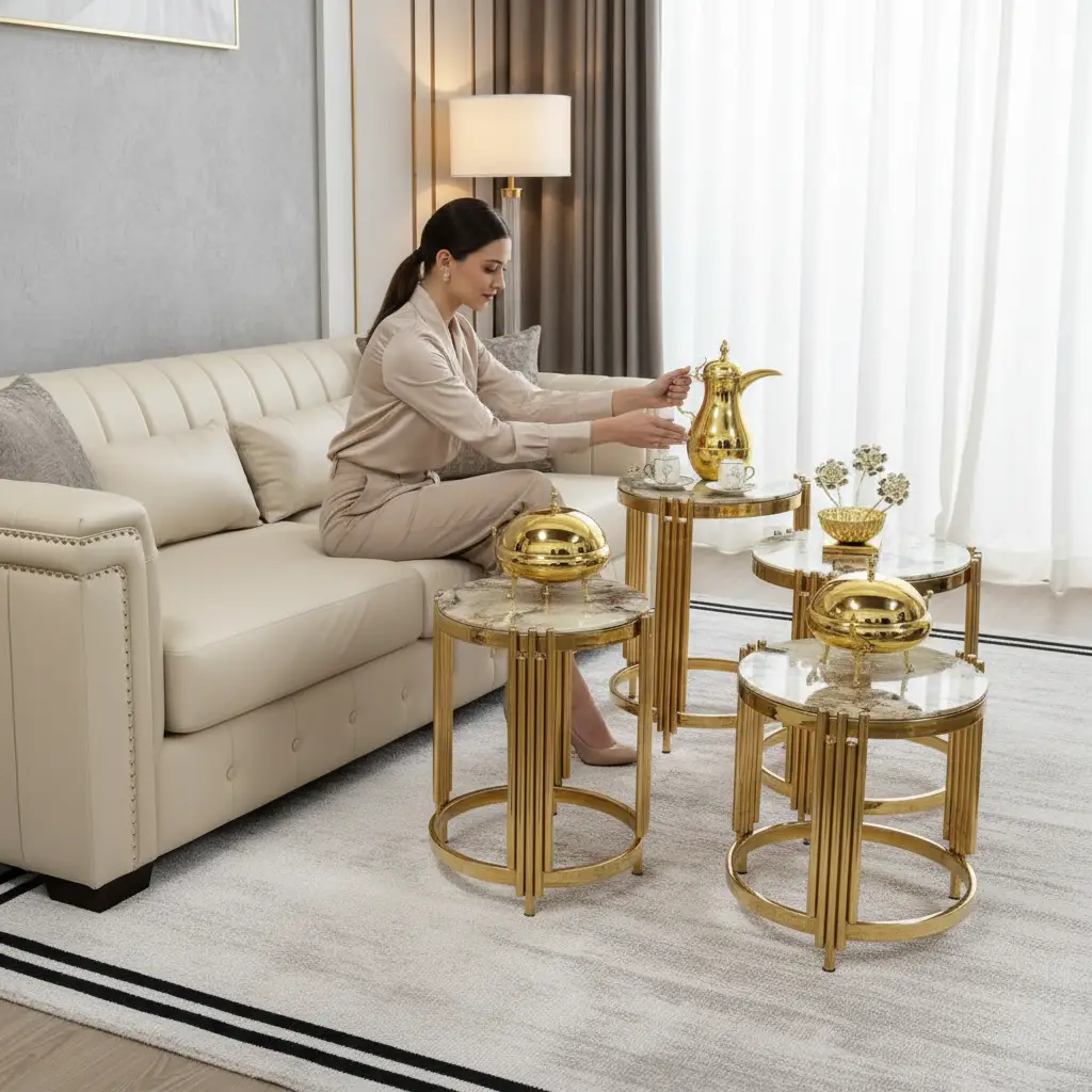 Nesting Tables - 3-in-1 Nordic Marble Top with Gold Metal Arch Base Set of 3 Furniture End Tables