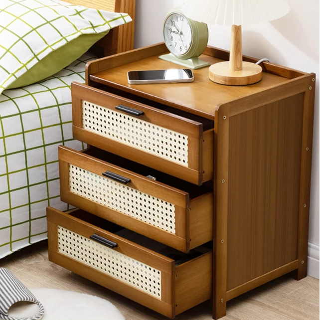 3 Drawer Wooden Nightstand With Rattan Front Modern Bedside Table Home & Garden Nightstands