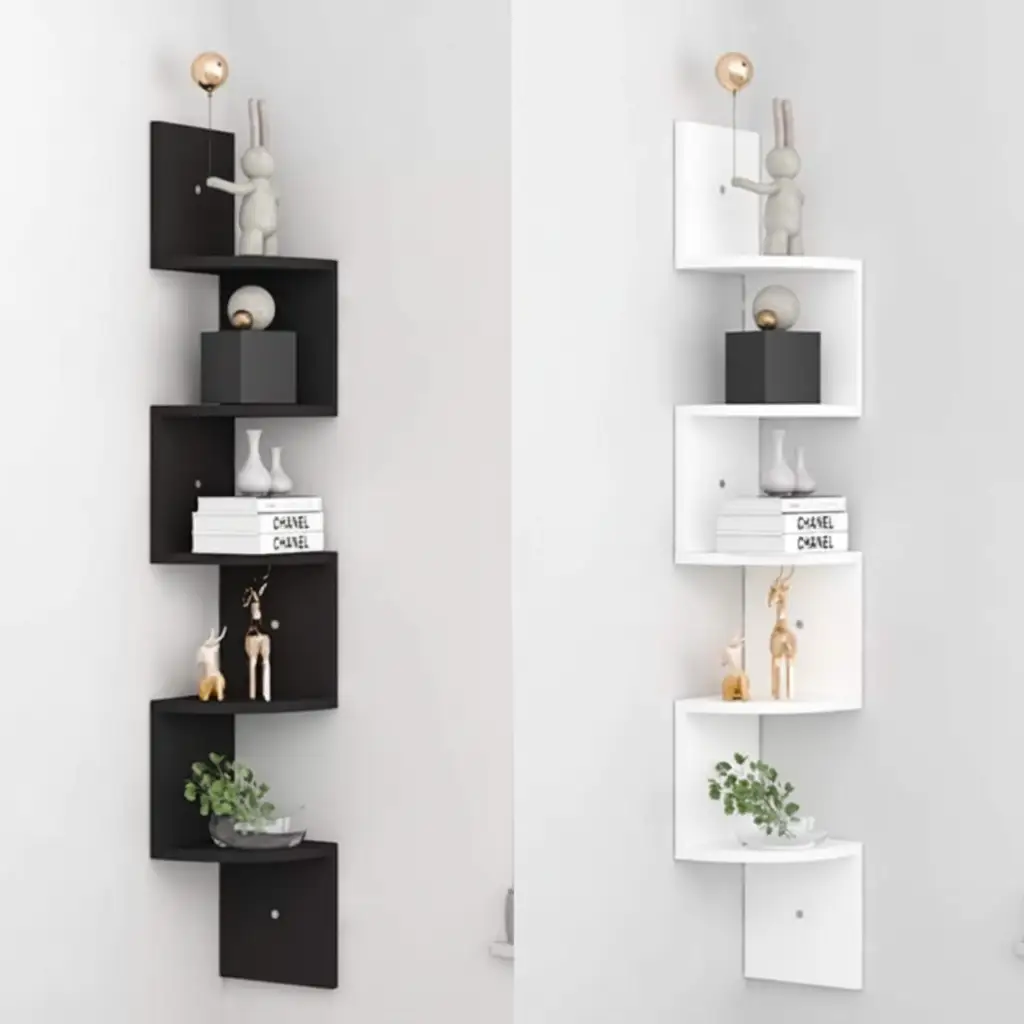 Corner Shelf - 5-Tier Zigzag Wall Mounted Floating 125cm Black White Home & Garden Corner Wall Shelves & Ledges