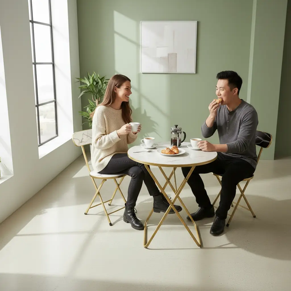 Folding Table - Round Marble Print Gold Frame 60cm Portable Coffee Side Table Furniture Folding Tables