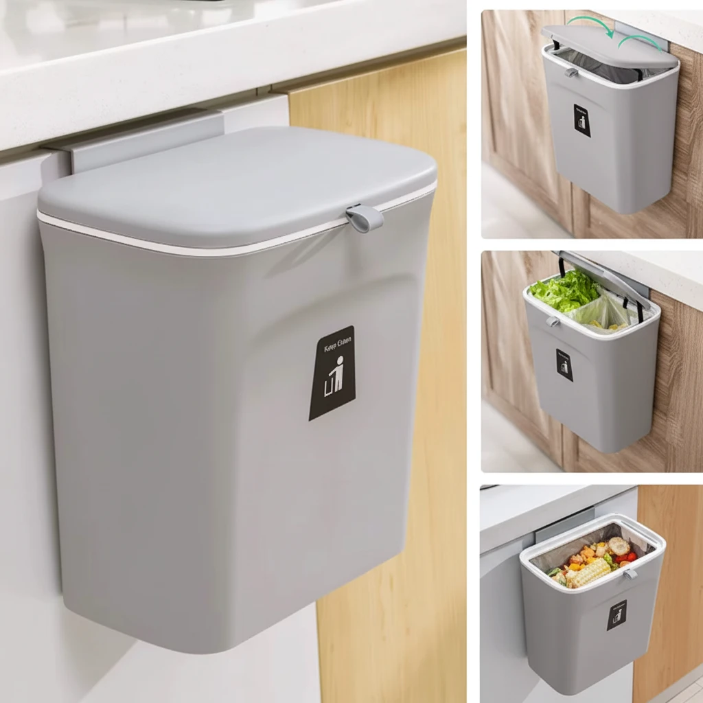 Kitchen Wall Mounted Hanging Trash Can with Flip Lid Cabinet Door Waste Bin Removable Liner Grey White Home & Garden Trash Cans