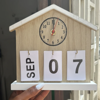Wooden House Desk Calendar with Clock and Flip Cards Home & Garden Desk Calendars