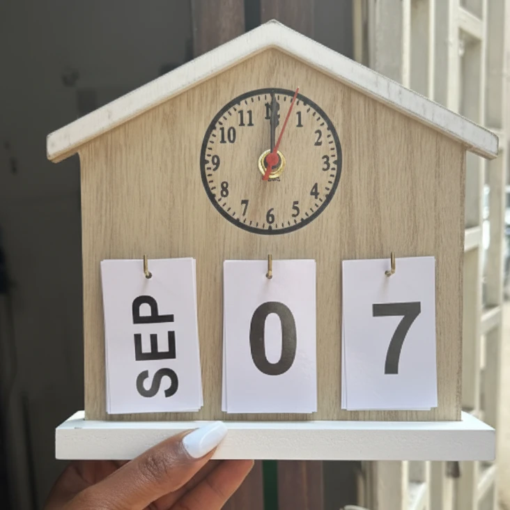 Wooden House Desk Calendar with Clock and Flip Cards Home & Garden Desk Calendars