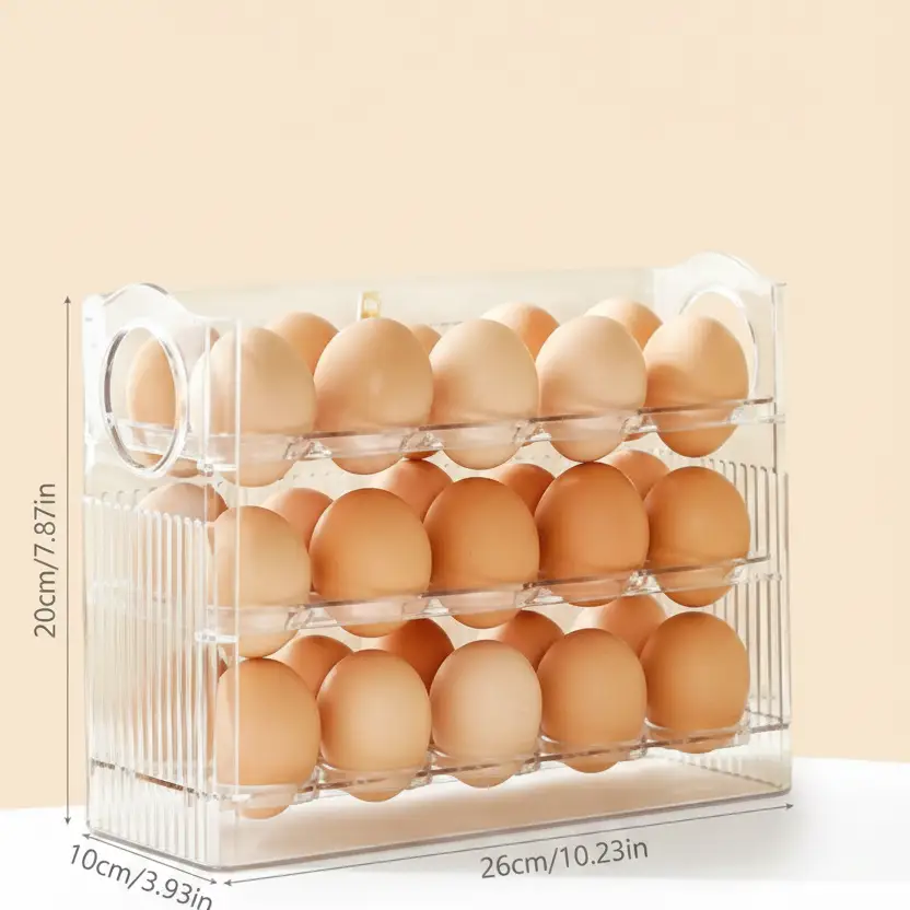 Egg Tray - 3-Tier Flip Stackable Fridge Organiser 30-Egg Clear Kitchen & Dining Egg Cups