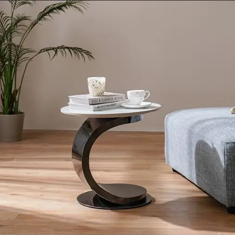 Side Table - Round Marble Top with Dark Bronze S-Curve C-Frame Base Furniture End Tables