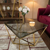 Coffee Table - Hexagonal Smoked Glass Top with Gold Geometric Steel Base Furniture Coffee Tables