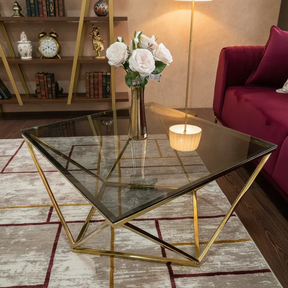 Coffee Table - Hexagonal Smoked Glass Top with Gold Geometric Steel Base Furniture Coffee Tables