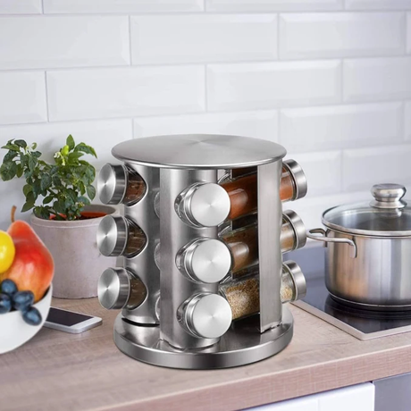 12-Jar Rotating Stainless Steel Spice Rack Tower 3-Tier 360° Swivel Kitchen & Dining Spice Organizers