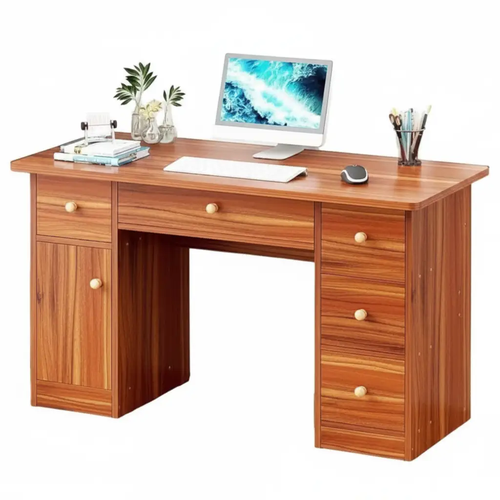 Office Desk - 5-Drawer with Left Door Cabinet and Round Wood Knobs Walnut Furniture Desks
