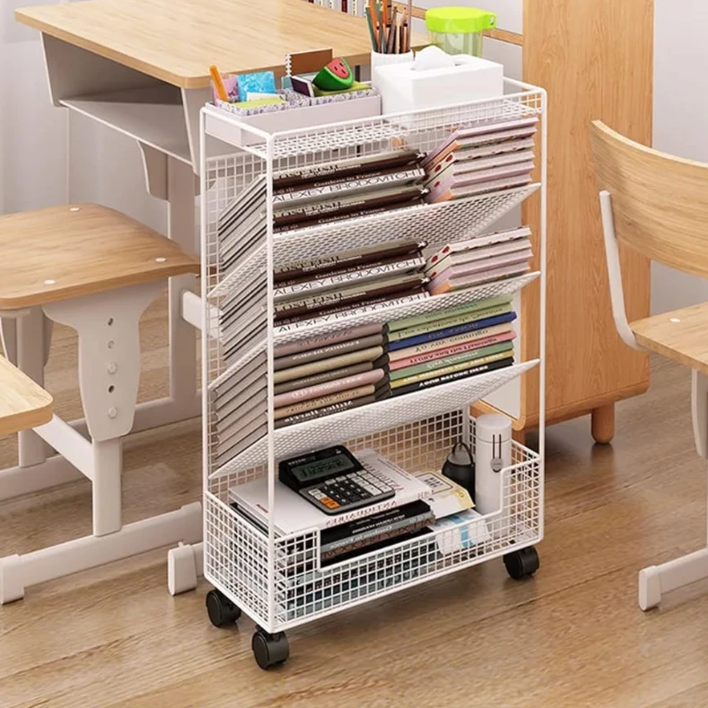 Wire Mesh Rolling Bookshelf 4-Tier with Wheels White Black 42x17x65cm Office Furniture Rack Bookcases & Shelves