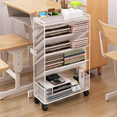 Wire Mesh Rolling Bookshelf 4-Tier with Wheels White Black 42x17x65cm Office Furniture Rack Bookcases & Shelves