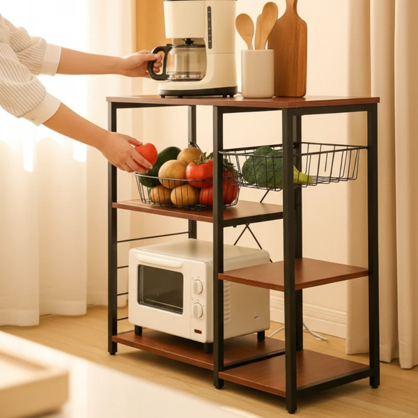 3-Tier Kitchen Office Storage Rack Shelf Unit 74x34x84cm Wood and Metal Wire Baskets Microwave Stand Home & Garden Open Shelves