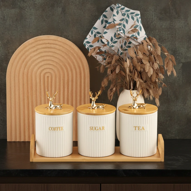 3-Piece Ribbed Ceramic Canister Set with Bamboo Lids and Tray Kitchen & Dining Food Storage Containers