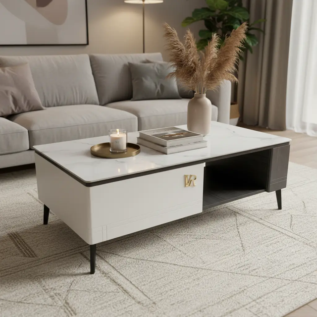 Coffee Table - White Sintered Stone Top with Drawer and Dark Wood Open Shelf Furniture Coffee Tables