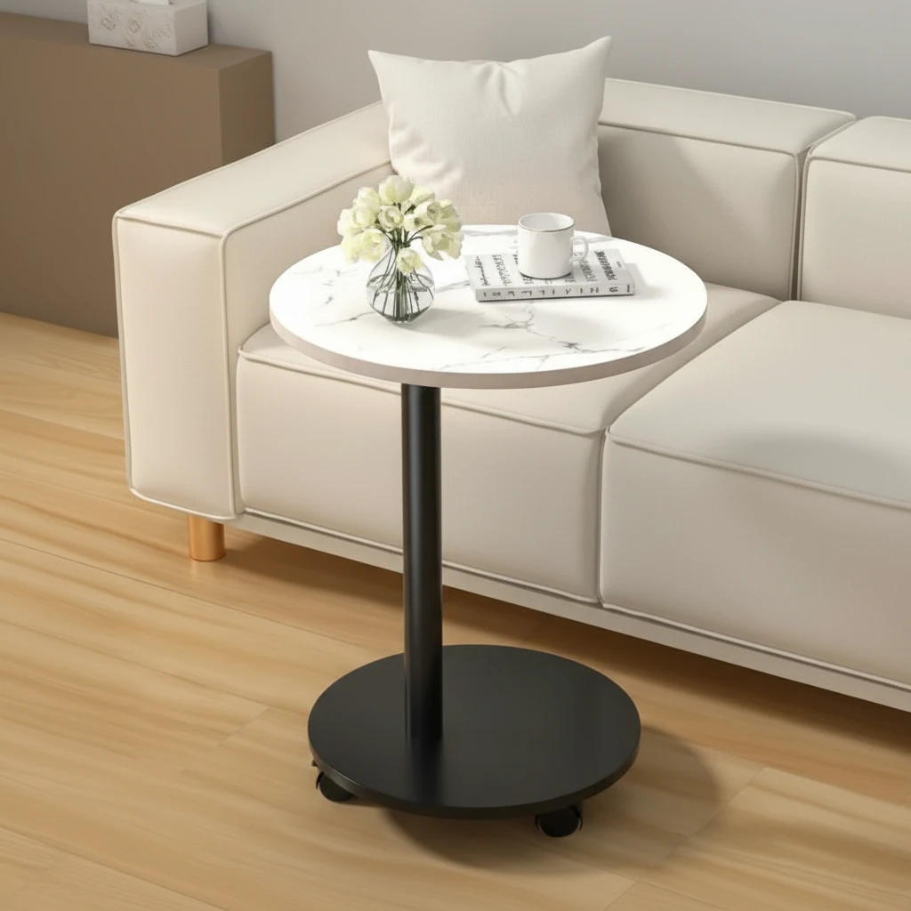 Round Wooden Coffee Side Table with 360° Wheels 40cm Top 57cm Height Sofa Side Table Home & Garden End Tables
