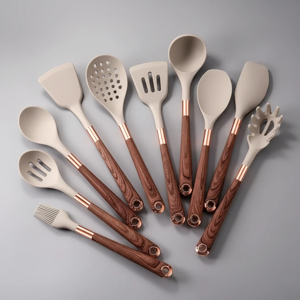 11-Piece Silicone Kitchen Utensil Set with Wood-Grain Handle and Storage Holder Kitchen & Dining Kitchen Utensil Sets