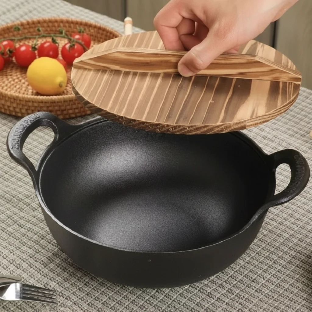 30cm Cast Iron Wok with Wooden Lid Pre-Seasoned Double Handle Kitchen & Dining Woks