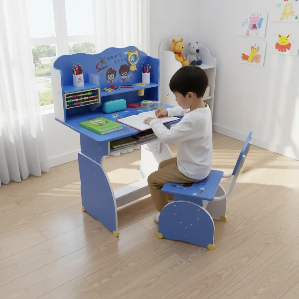 Kids Study Desk and Chair Set - Abacus Shelf Cartoon Design Blue Natural Wood Furniture Office Furniture Sets