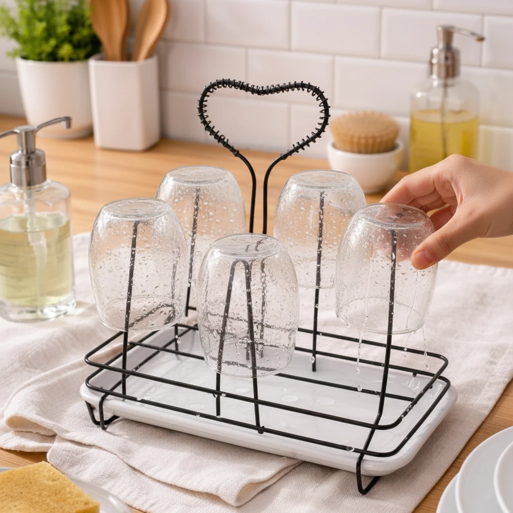 6-Slot Black Wire Glass Holder Rack Heart Handle Marble Tray Matte Black Kitchen & Dining Drinkware Holders