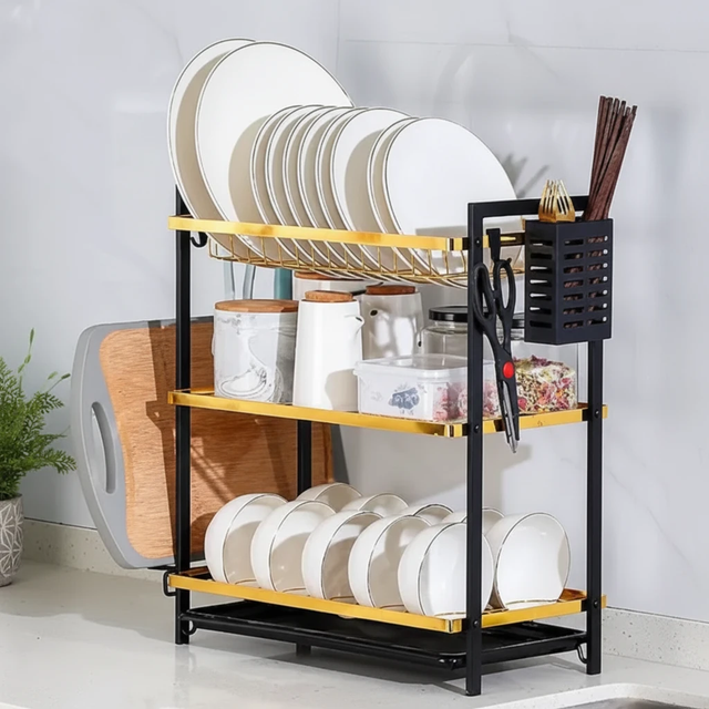 3-Layer Metallic Dish Rack with Utensil Holder Gold Black Kitchen Organizer Kitchen & Dining Dish Racks