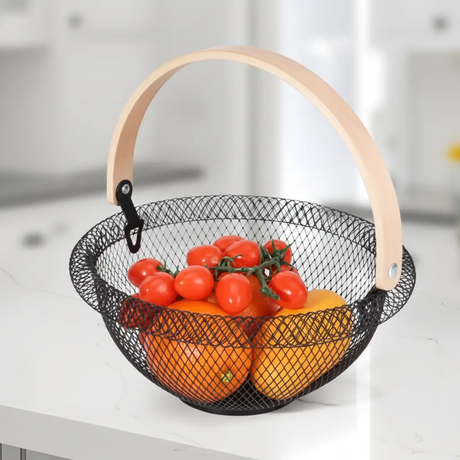 Fruit Basket - Round Wire Mesh with Bamboo Handle Kitchen & Dining Household Storage Baskets