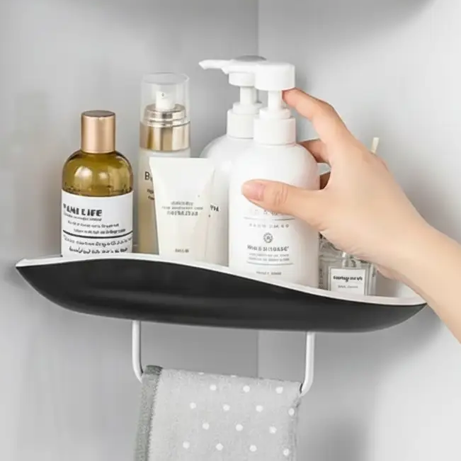 Bathroom Shelf - 2-Tier Corner Organiser with Towel Bar Black White Home & Garden Wall Shelves & Ledges