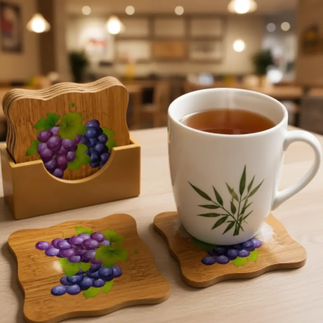 Coaster Set - Bamboo Scallop Edge Grape Print with Holder 6-Piece Natural Kitchen & Dining Coasters