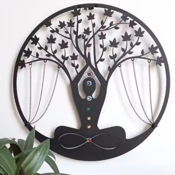 Chakra Yoga Tree of Life Metal Wall Art 60cm Matte Black Handmade Home & Garden Visual Artwork