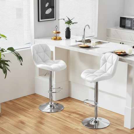 Set of 2 Pure Leather Modern Adjustable Bar Stools Diamond Quilted 360° Swivel Hydraulic Chrome Base Black White Furniture Adjustable Bar Stools