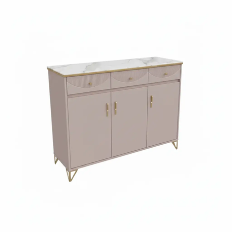 Shoe Cabinet - 3-Door 3-Drawer Scallop Arc Panel with Gold Handles and Marble Top Furniture Storage Cabinets & Lockers