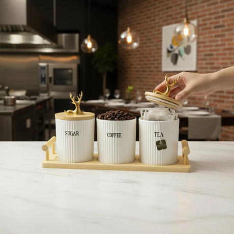 3-Piece Ceramic Canister Set Gold Deer Bamboo Lid Tray Sugar Coffee Tea White Kitchen & Dining Food Storage Containers