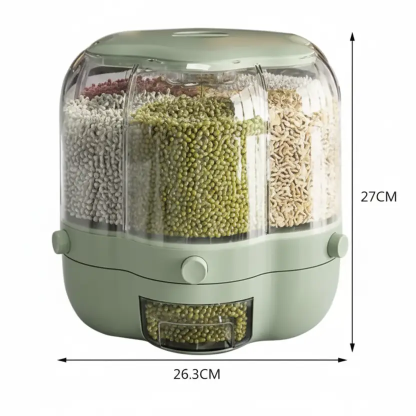 360° Rotating 6-Grid Cereal Grain Dispenser 6.5kg BPA-Free 26.3x27cm Mint Green Kitchen & Dining Food Storage Containers