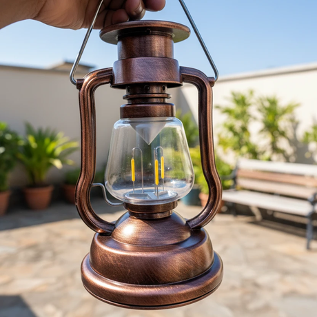Retro Solar Hand Crank LED Lantern USB-C Rechargeable Black Brown 17x10cm Home & Garden Lamps