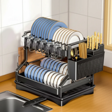 2-Tier Kitchen Dish Drainer Rack 42x32.5x34cm Aluminium Matte Black Plate Bowl Cup Utensil Caddy Drip Tray Kitchen & Dining Dish Racks
