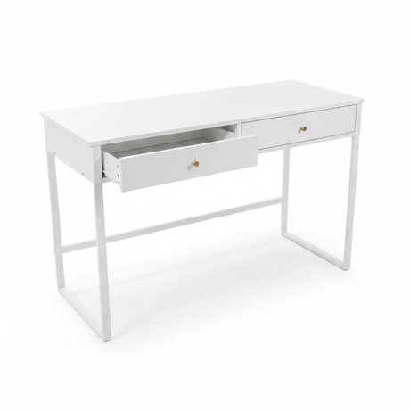 White Desk with 2 Drawers & X-Cross Metal Legs Study Desk Desks