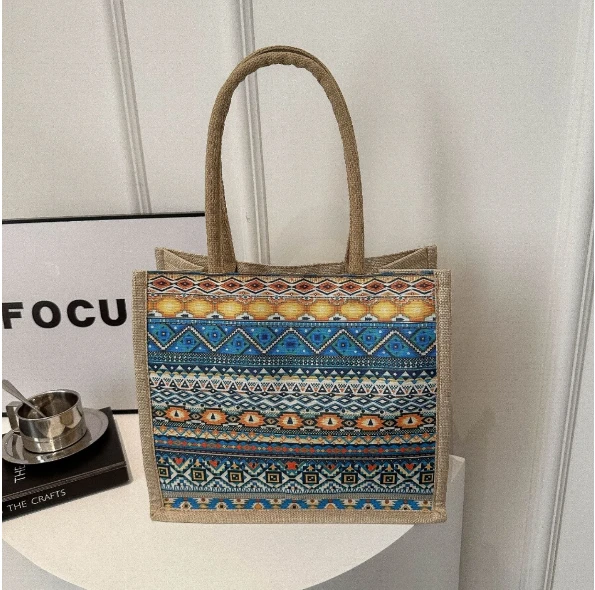Geometric Print Pattern Tote Bag Jute Canvas Smart Casual 34x17x28cm Bags & Accessories Tote Bags