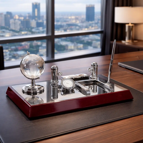 Desk Organizer - Executive Mahogany Chrome 4-in-1 Set with Crystal Globe Clock Pen Holder and Note Tray Home & Garden Desktop Organizers