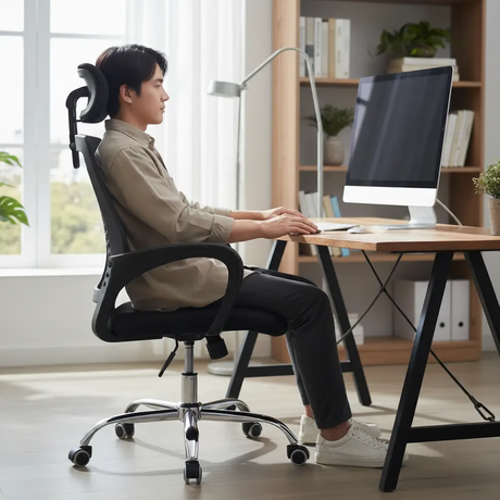 Office Chair - High Back Mesh with Adjustable Headrest and Chrome Five-Star Base Black Furniture Office Chairs
