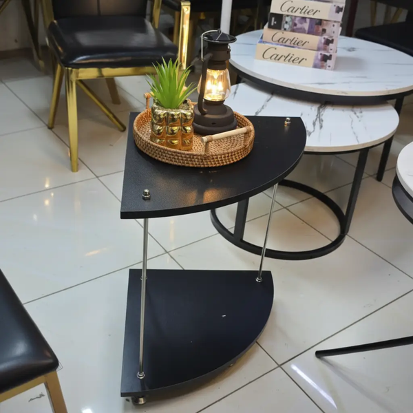 Corner Side Table - Nordic 2-Tier Half-Moon with Chrome Legs Black Furniture End Tables