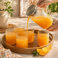 Glass Serving Set - 5-Piece Ribbed Glass Pitcher with Lid and 4 Cups Clear Kitchen & Dining Serving Pitchers & Carafes