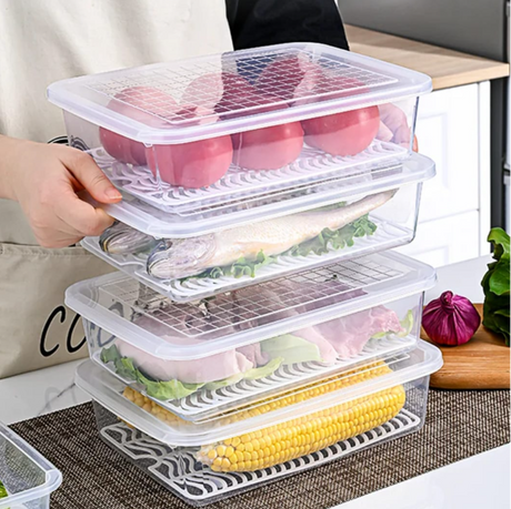 Stackable Fridge Storage Box with Removable Drain Plate Clear PP Meat Fish Vegetables Kitchen & Dining Food Storage Containers