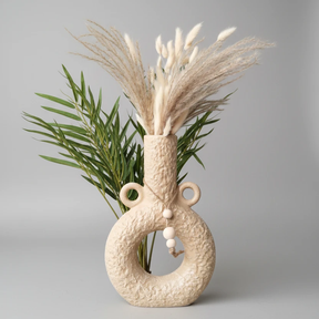 2-in-1 Ceramic Vase with Circle Handles Textured White Beige Home & Garden Uncategorized