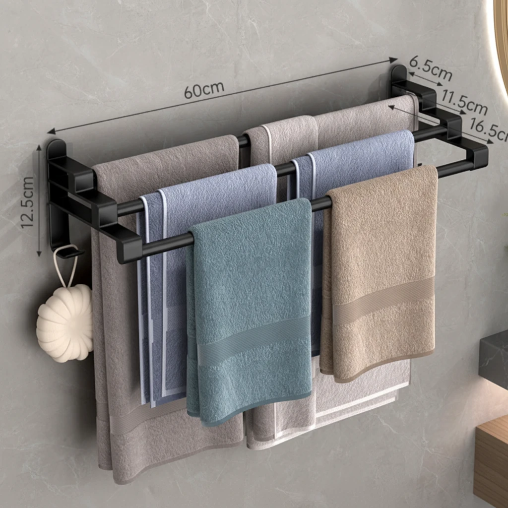 3-Layer Wall Mounted Towel Rack 60x16.5x12.5cm ABS Carbon Steel Adhesive or Screw Black White Home & Garden Towel Racks