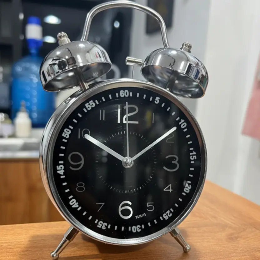 Alarm Clock - Retro Twin Bell Analogue Silver Chrome with Black Dial Home & Garden Alarm Clocks