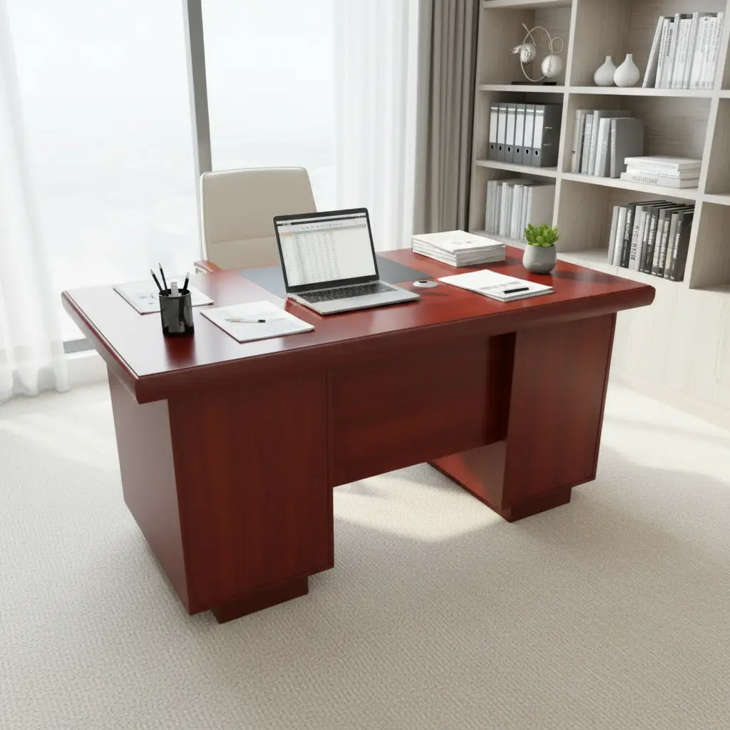 Office Desk - 1.2m Mahogany Executive with Cable Grommets and Twin Pedestal Base Furniture Desks