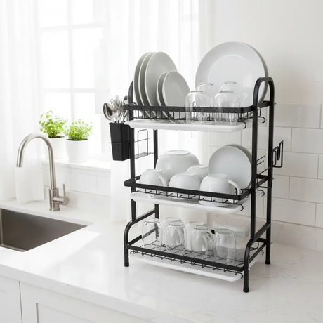 Dish Rack - Heavy Duty Executive 3-Tier Wire with Drip Trays and Cup Hooks Matte Black Kitchen & Dining Dish Racks