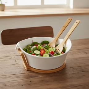Ceramic Salad Bowl Set With Bamboo Stand And Serving Spoons White Kitchen & Dining Serving Bowls